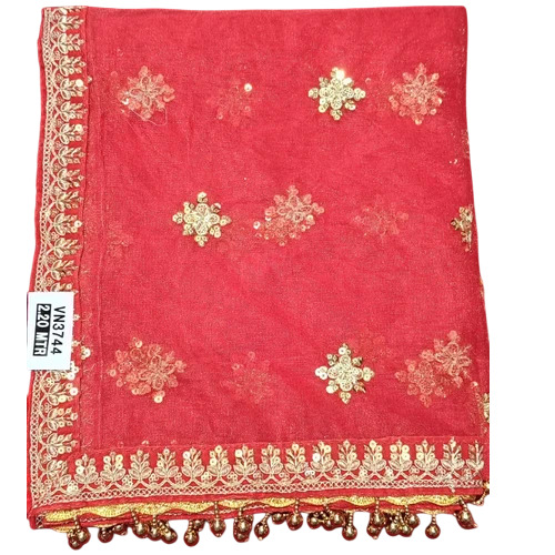 Red Nylon Net Embroidered Dupatta With Velvet Border - Occasion: Wedding