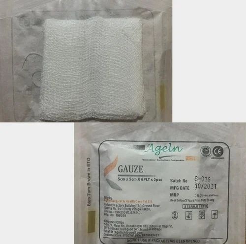 Ageln Gauze 5cm x 5cm x 8 Ply - 100% Cotton, White, Sterile, Durable, Square Pack