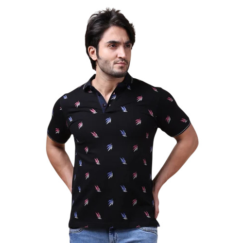 Black Mercerised Printed Polo Neck T-Shirt - Cotton, Black, Regular Fit, Machine Wash | Comfortable Casual Short Sleeves