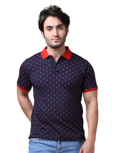 Navy Blue Mercerised Printed Polo Neck T-Shirt