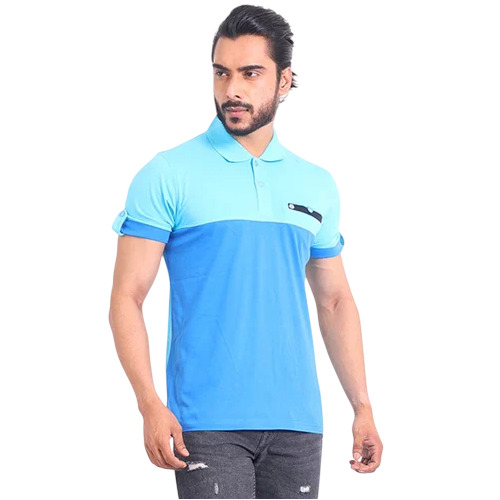 Skyblue Cut And Sew Polo Neck Half Sleeve T-Shirt