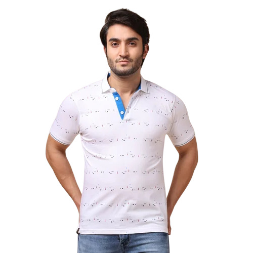 White Printed Mercerised Polo Neck T-Shirt - Cotton, White | Regular Fit, Short Sleeves, Comfortable