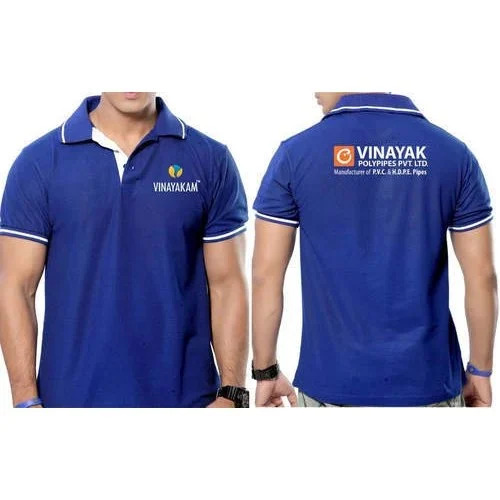 Blue Promotional T Shirt - Poly Cotton, 180 GSM, Blue | Polo Collar, Short Sleeves, Printed, Casual, Male, Sizes S-XL