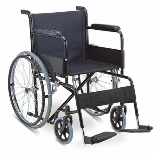 Folding Wheel Chair - Mild Steel, 26" Rear Wheels, Black | Manual, Folded, Hospital Use