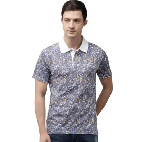 Men Printed Linen T Shirt - Cotton Linen Blend, Stretchable, Machine Wash | Polo Collar, Gray, Short Sleeves, Casual, Sizes S-XL