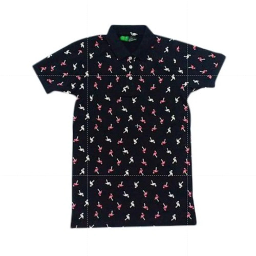 Men Printed T Shirt - Cotton/Linen, Black, Stretchable | Polo Collar, Mega Sleeves, Machine Wash