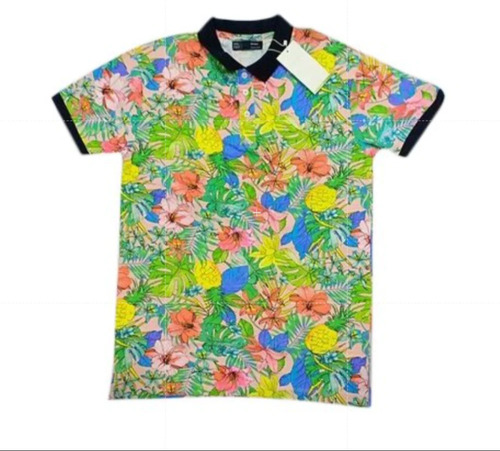 Mens Party Wear Printed T Shirt - Cotton/Linen, L, M, S, XL, Multicolor | Polo Collar, Short Sleeves