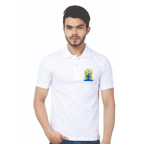 Polo Neck White Printed T Shirt