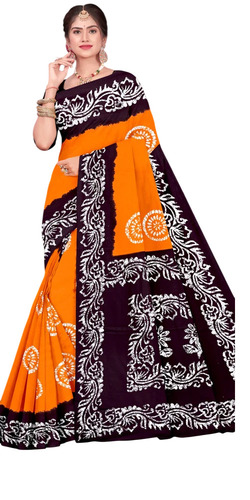 Casual Cotton Batik Print Saree - Optimum Grade Cotton Orange & Dark Chocolate White Blouse | Women Printed Bengali Style Summer Machine Wash