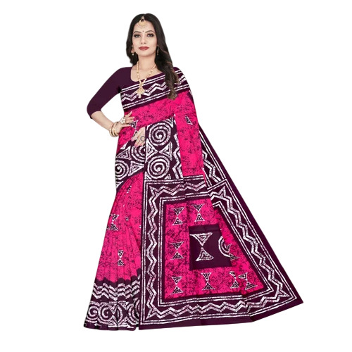 Cotton Batik Print Saree - Optimum Grade Cotton, Pink, Machine Wash | Women's Casual Summer Bengali Style