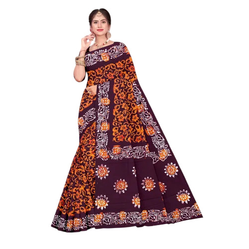Cotton Batik Saree - Cotton, Multicolor | Women, Casual, Printed, Bengali Style, Summer