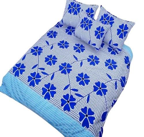 Cotton Printed Double Bed Sheet - 220x240cm Grey and Blue, Shrink Resistant, Modern Design, 1 Bed Sheet with 3 Pillow Covers