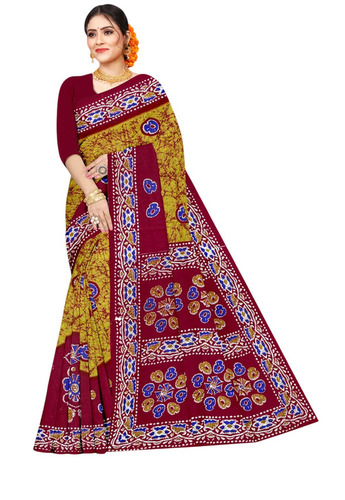 Mustard Yellow Cotton Batik Saree - Optimum Grade, White Blouse | Comfortable, Casual, Bengali Style