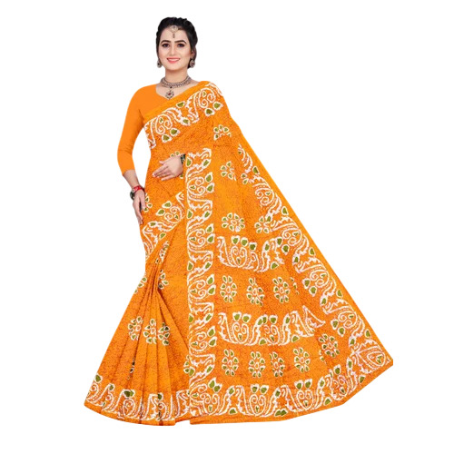 Orange Cotton Batik Saree - Cotton, White Blouse, Packet | Orange, Women, Casual, Printed, Summer, Bangali Style
