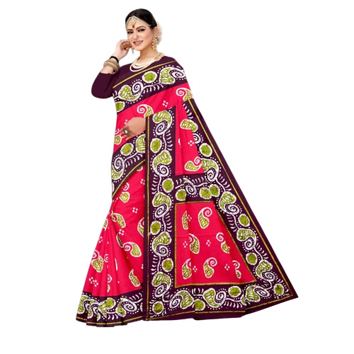 Pink Cotton Batik Saree - Cotton, White Blouse | Pink, Women, Casual, Printed, Summer, Bangali Style