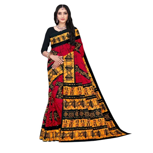 Womens Cotton Batik Saree - Cotton, White Blouse, Machine Wash | Multicolor, Printed, Casual, Summer, Bangali Style