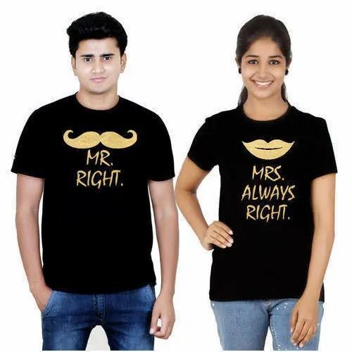 Cotton Couple T Shirt - Cotton, Black, Round Collar, Half Sleeves | Elegant Design, Quick Dry, Comfortable Fit