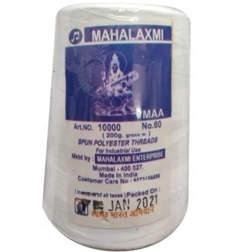 Mahalaxmi Spun Polyester Thread - 100% Polyester, 200g, White | High Tensile Strength, Smooth Finish, Uniform Thickness, Heat & Abrasion Resistant