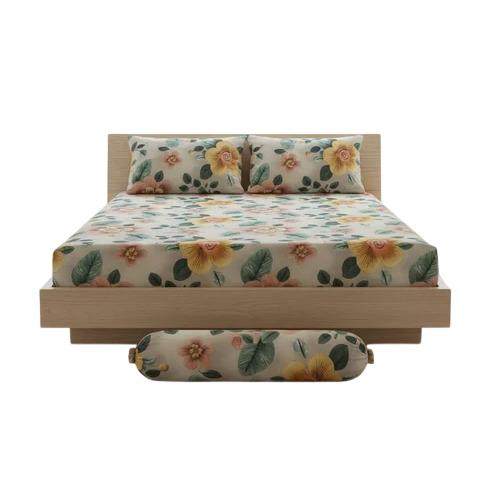 200 Gsm Cream 100% Cotton King Bed Sheet 108x108 Inch, Floral Print, Color Fast, Anti-Shrink, Durable