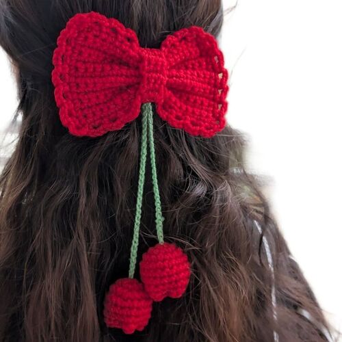 Crochet Bow Hair Clip - Crochet Material, Red Color, Compact Size | Tear Resistant, Smooth Finish, Easy Carry