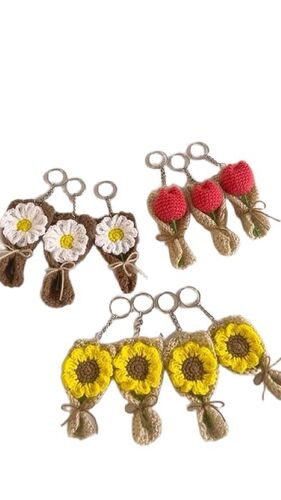 Crochet Flower Bouquet Designer Keychain - Crochet Material Compact Size Different Colors | Tear Resistant Smooth Finish Eco Friendly Protective Motif Lightweight Portable Stylish Look