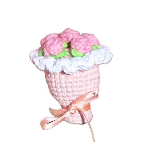 Crochet Pink Bouquet Keychain - Crochet Material Red and White Compact Size | Tear Resistant Eco Friendly Easy Carry