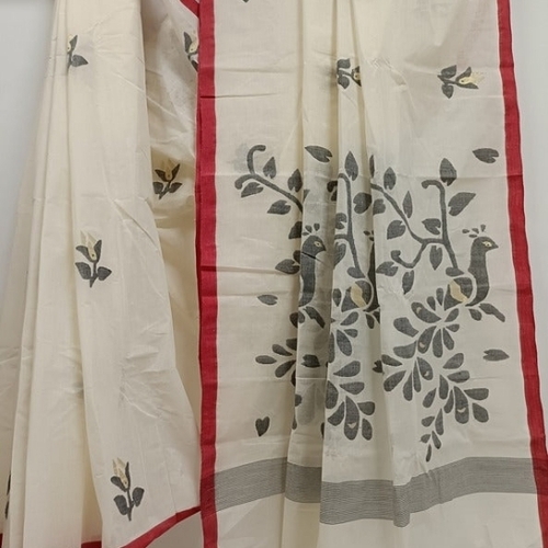 Jamdani Saree - Silk, White/red/black, Hand-painted | Lightweight, Intricate Patterns, Breathable, Durable Weave