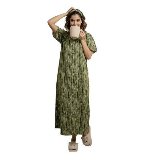 Olive Green Abstract Print Lightweight Cotton Nighty - 200 GSM, Maxi Length, Deep Neck, Size L | Color Fast, Easy Care, Durable, Short Sleeves