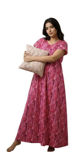 Purple Textured Printed Cotton Nighty - 120 GSM, Maxi Length, Deep Neck, Purple | Durable, Short Sleeves, L XL, Hand & Machine Wash
