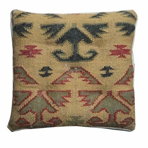 16x16 Inch Cushion Cover - Wool Jute Blend, Multi Color, Square, Handmade | Machine Wash, Cotton Filling, Printed Pattern