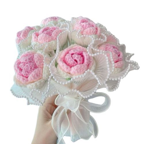 Crochet Rose Bouquet - Crochet Compact Size Pink and White Vibrant Colors Durable Stitching Acid Resistant Antibacterial UV Resistant