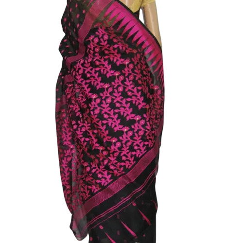 Dhakai Jamdani Textile Saree - Cotton Silk, 5.5 Meter, Black | Festive Bengali Style, Women