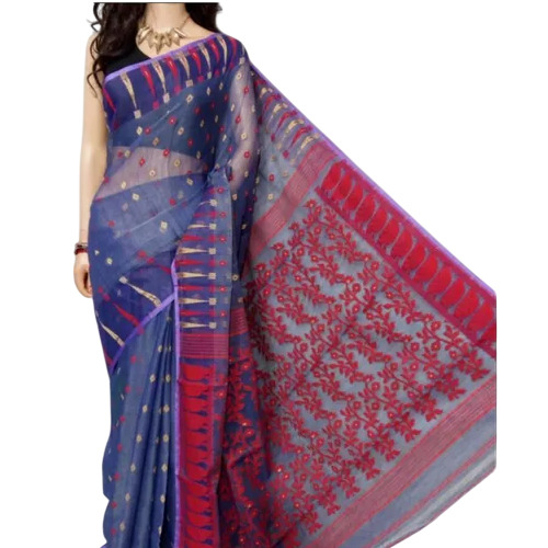 Jamdani Saree - Cotton Silk, 5.5 Meter, Blue | Women, Festive, Bengali Style