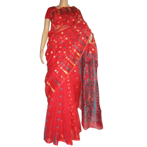 Red Cotton Jamdani Saree - 5.5 Meter, Without Blouse | Festive Summer Bangali Style, Women, Red