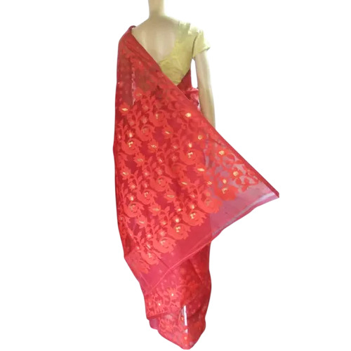 Red Dhakai Jamdani Saree - Cotton Silk, 5.5 Meter, Red | Festive Wear, Bengali Style, Women