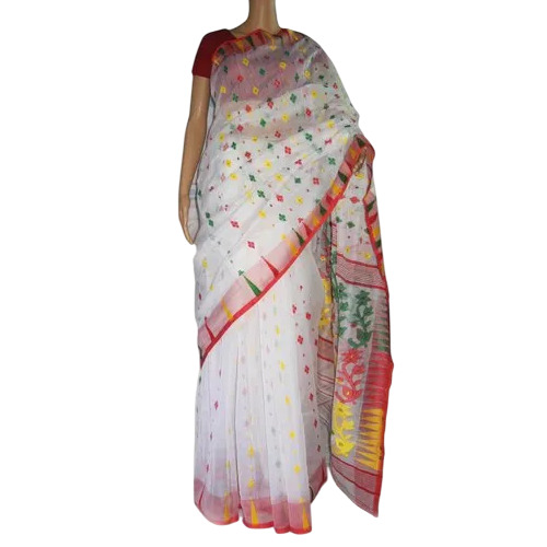 White Jamdani Saree - Cotton, 5.5 Meter, White | Women, Festive, Summer, Bengali Style
