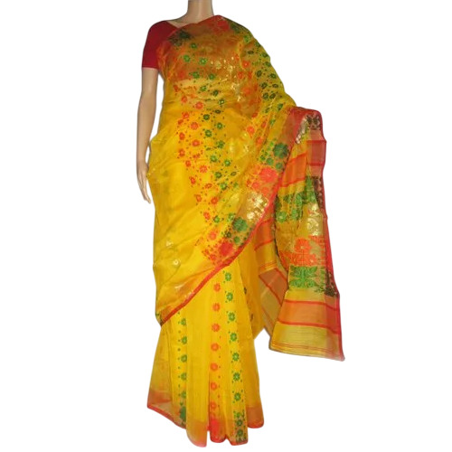 Yellow Cotton Jamdani Saree - 5.5 Meter Length, Without Blouse Piece | Festive Yellow, Bengali Style, Summer Wear
