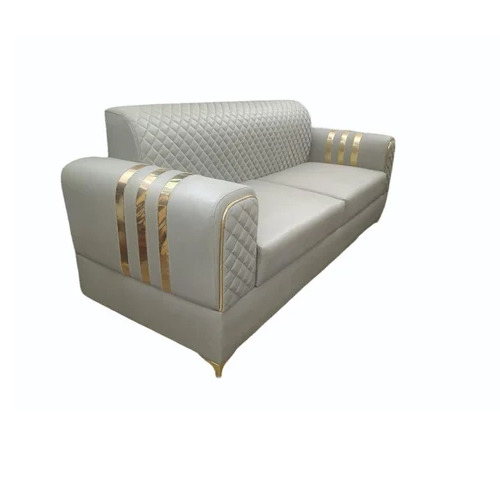 3 Seater Sofa Chasto Fil - Teak Wood Frame, Velvet Leatherette Upholstery, Gray & Golden, Eco-Friendly Durable Design