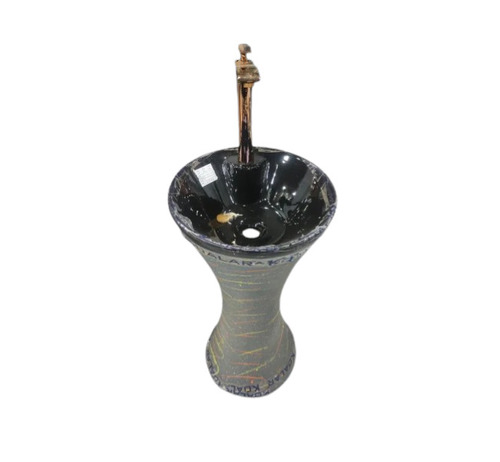 Black And Grey Ceramic Pedestal Wash Basin - Ceramic Floor Mounted Glossy Finish Round Shape | Easy To Fit One Piece
