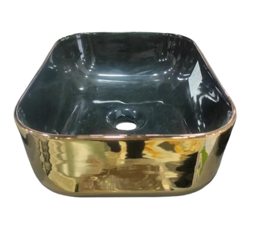 Ceramic Black And Gold Table Top Wash Basin - Ceramic Glossy Finish, Rectangular Shape | Easy To Fit, One Piece