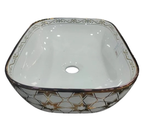 Ceramic White Table Top Wash Basin - Ceramic, Rectangular, White-Golden | Glossy Finish, Easy to Fit, One Piece