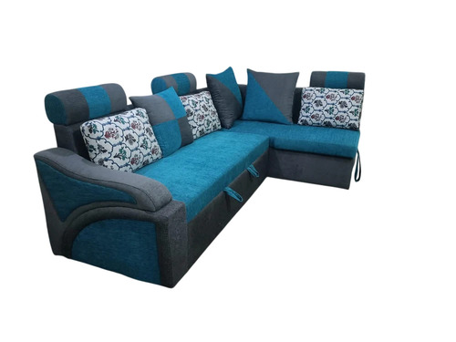 Hodlick Sofa Cum Bed - Wood Frame Fabric Seat 5 Seater Blue & Gray Pull Out Storage | Modern Design Durable Eco-Friendly Polished Finish