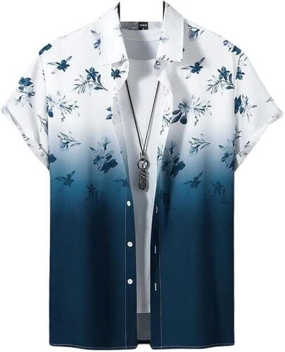 Mens Printed Shirt - Cotton Poplin, S-XL, White and Blue | Anti UV, Breathable, Cool Dry, Water Proof