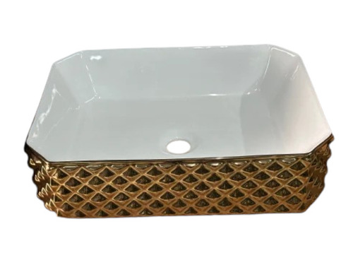 Golden And White Ceramic Wash Basin - Ceramic Table Top, Rectangular White and Golden | Glossy Finish, Easy to Fit, One Piece