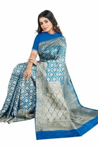 Ladies Blue Banarasi Katan Silk Saree - 6m, Regular Fit, Lightweight, Soft & Breathable, Party Wear