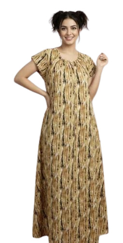 Ladies Cotton Maxi Nighty - Cotton, Various Sizes, Beige | Printed, Half Sleeves, Comfortable Fit