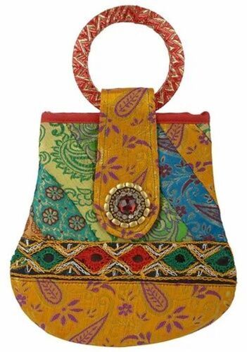 Ladies Embroidered Cotton Hand Bag - 500 gm Multicolor Zipper Closure | Glossy Finish Rectangular Handle Bag