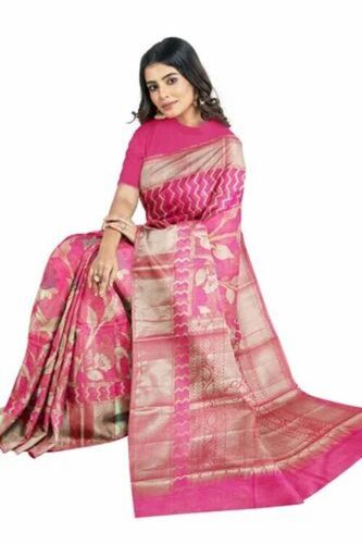 Ladies Pink Handloom Moonga Cotton Saree - 6m, Zari Work, Wedding Wear, Lightweight & Breathable