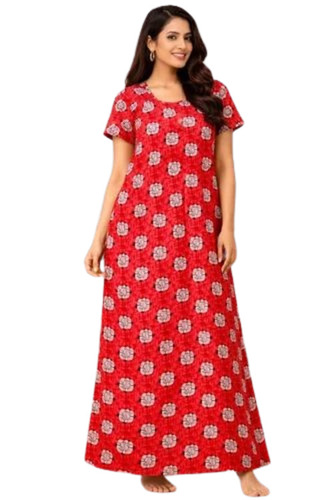 Ladies Red Printed Cotton Nightgown - Maxi Length, Half Sleeves, Regular Fit, Quick Dry, Comfortable