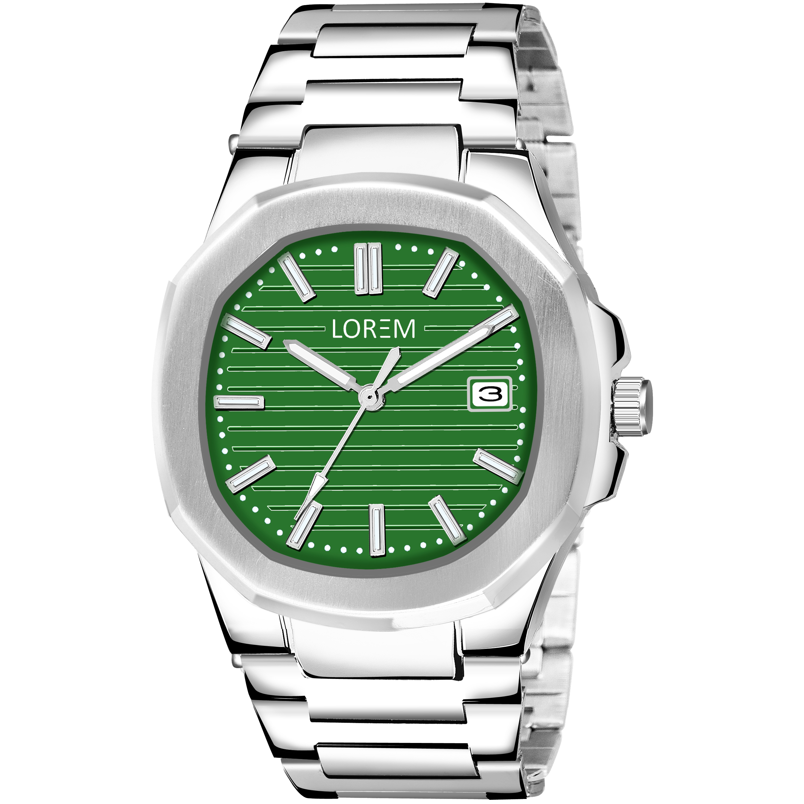Lorem Green Dial Date Function Analog Watch For Men Lr146 - Color Of Band: Silver